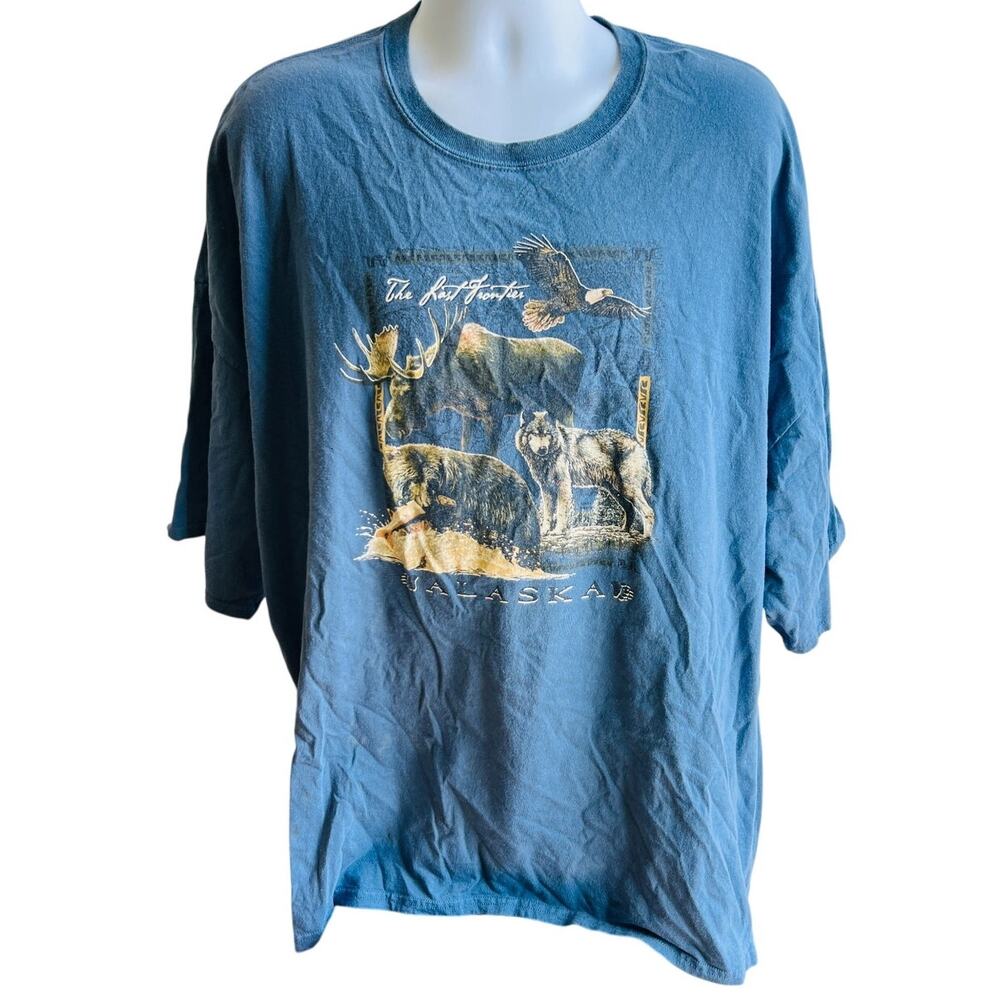VTG Alaska Last Frontier Wildlife Graphic Tee 5XL Blue Gildan 90s Y2K Streetwear